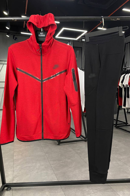 Tech Fleece Red Zip Up Hoodie With Black Joggers image 0
