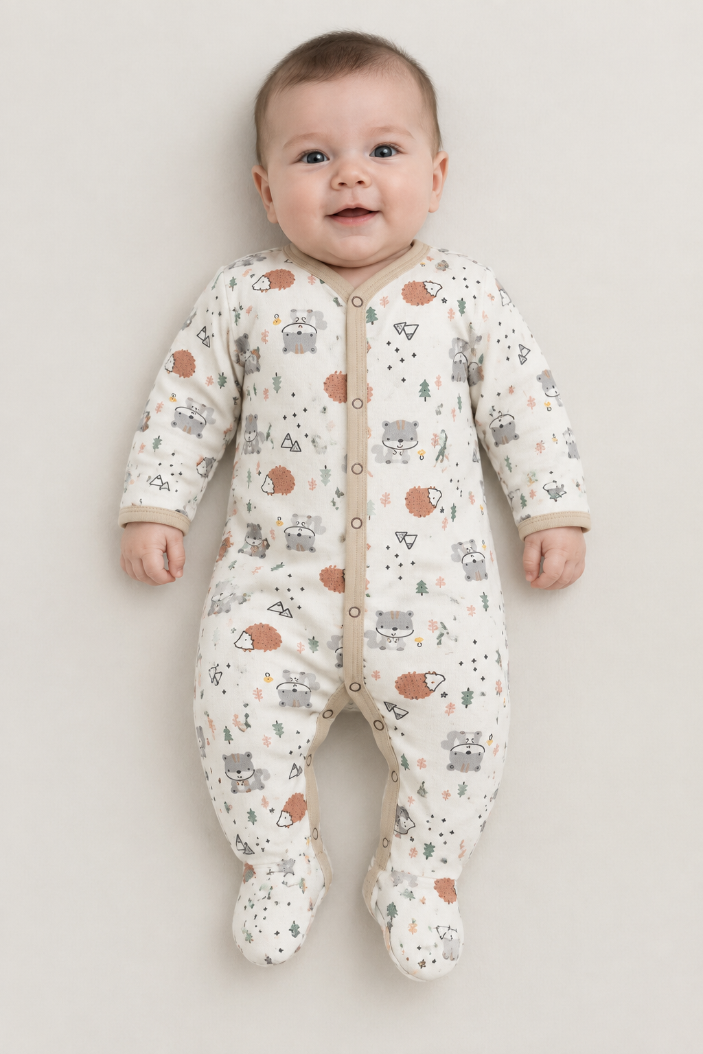 Baby boy wearing the printed sleepsuit