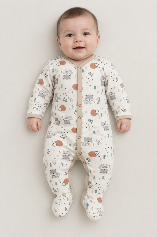 Baby boy wearing the printed sleepsuit