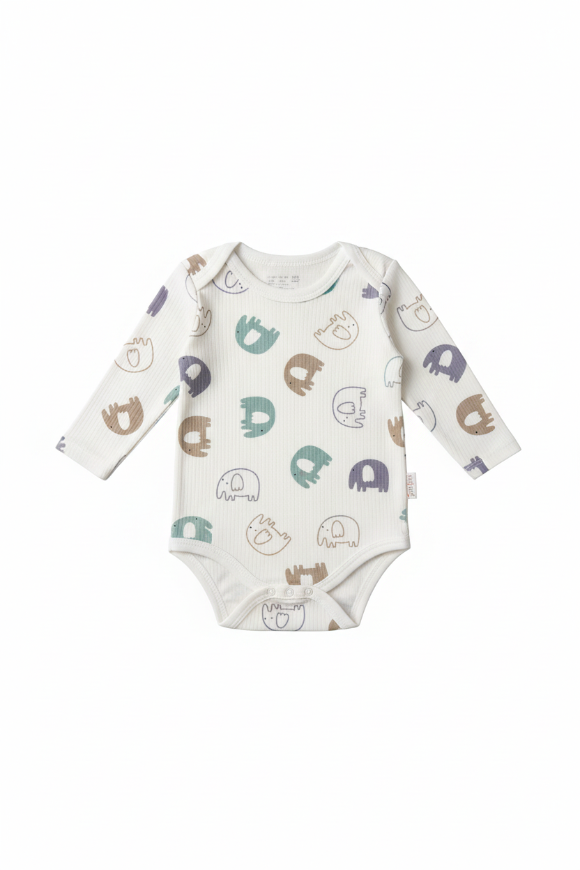Baby Elephant Print White Long-Sleeve Onesie