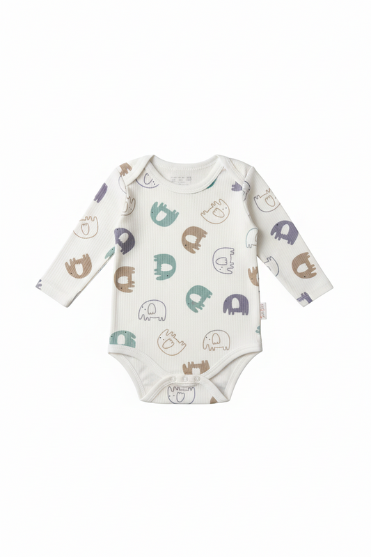 Baby Elephant Print White Long-Sleeve Onesie