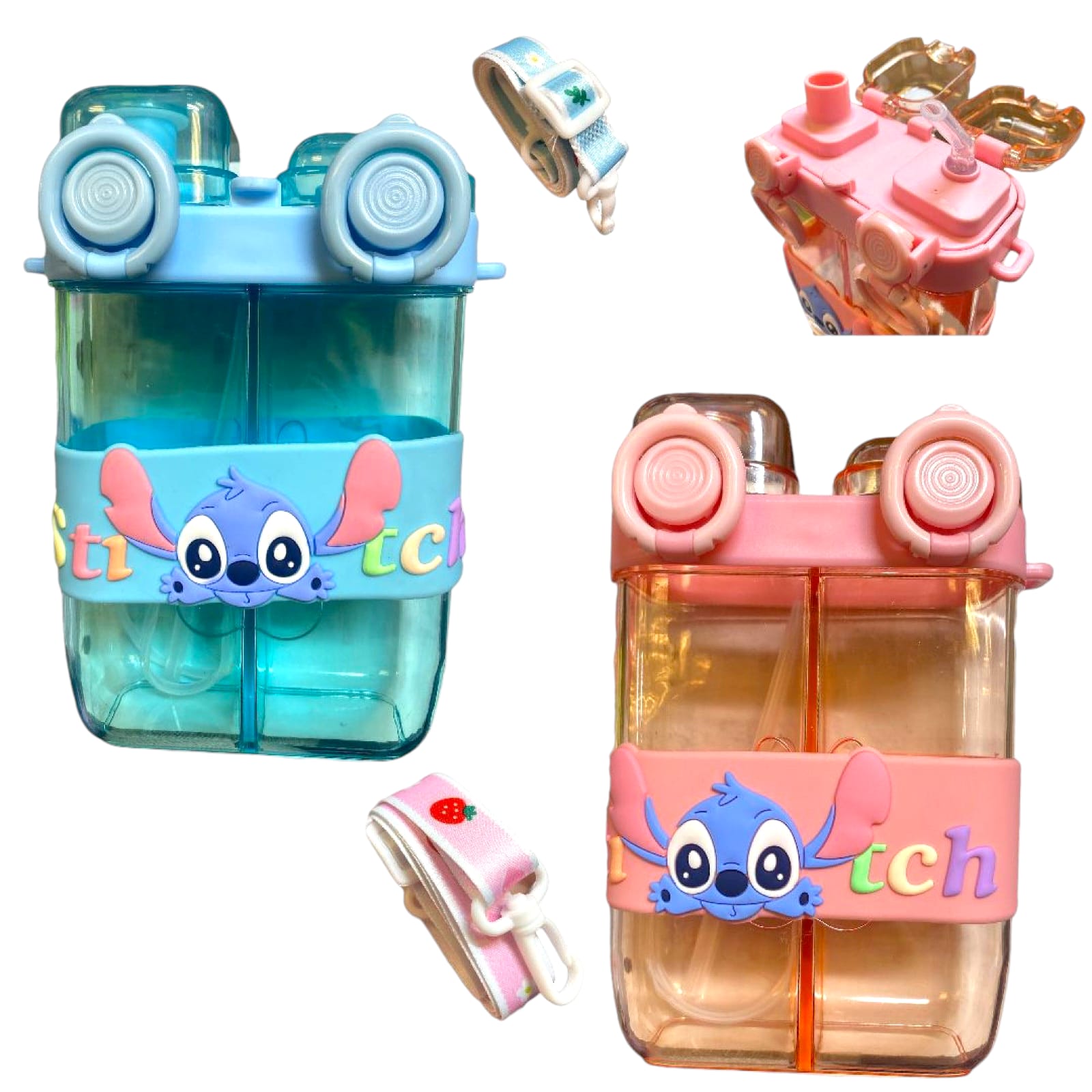 Two Stitch-themed double compartment water bottles with carrying straps image 1