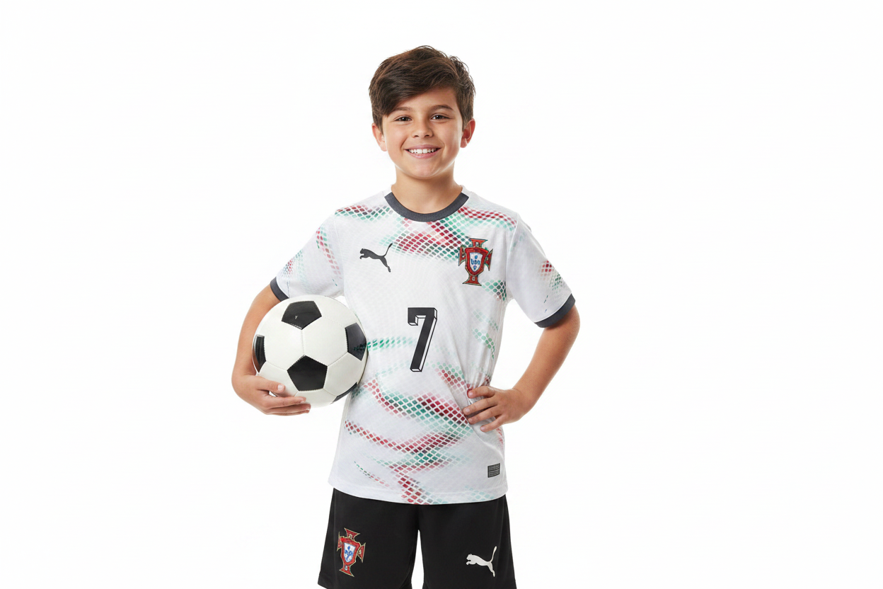 Boy wearing Portugal Away Kit No. 7