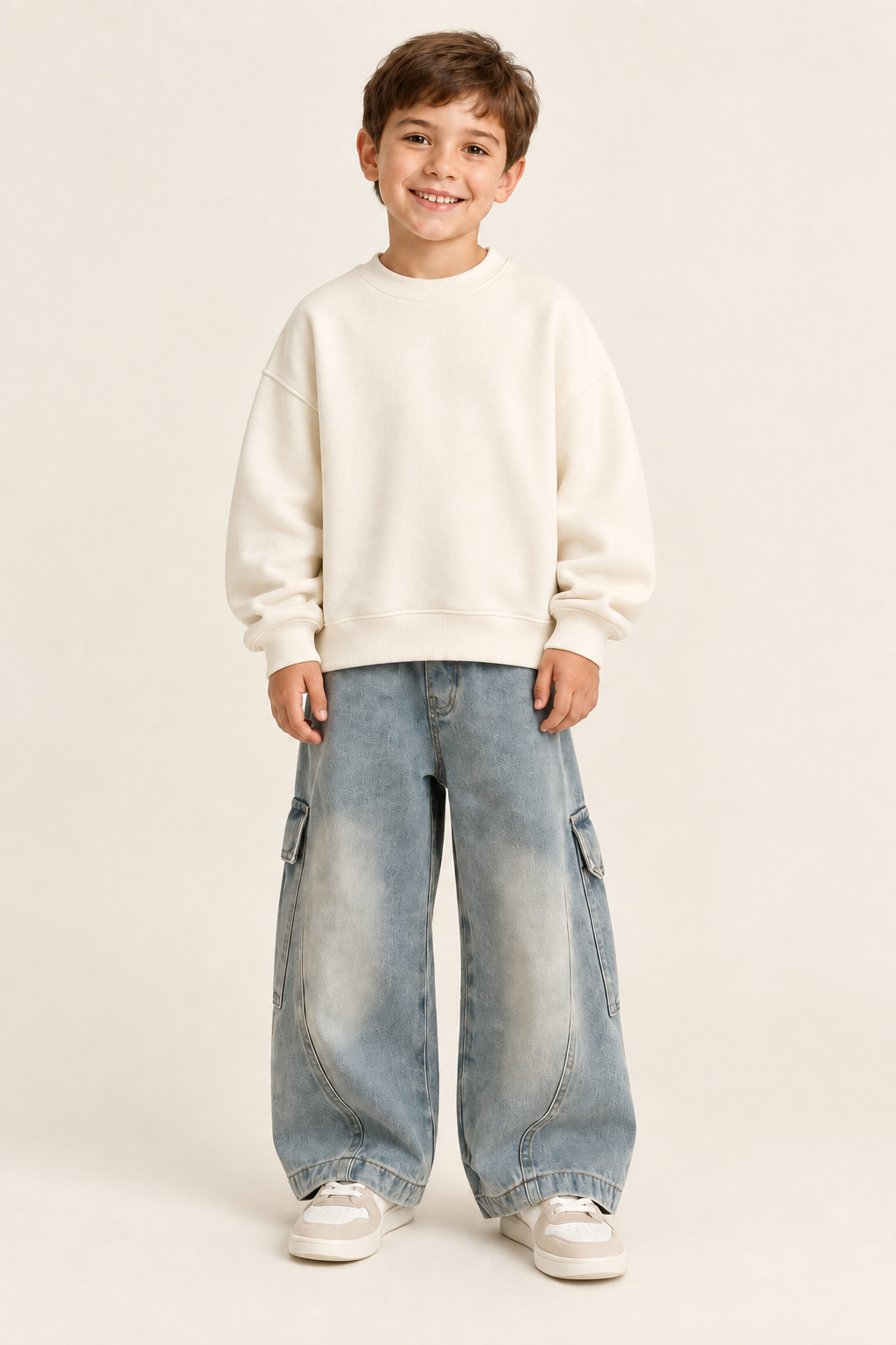 Boy wearing the jeans with a more oversized ivory top