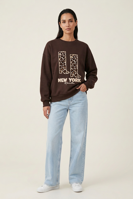 Women’s Brown New York Leopard-Boot Graphic Sweatshirt