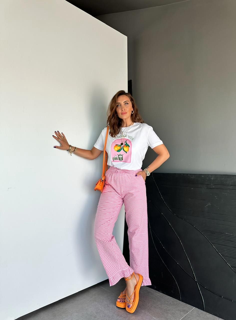 Pink Plaid Trousers with Ruffles image 2