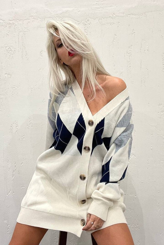 Geometric Pattern Beige Button Up Cardigan image 0