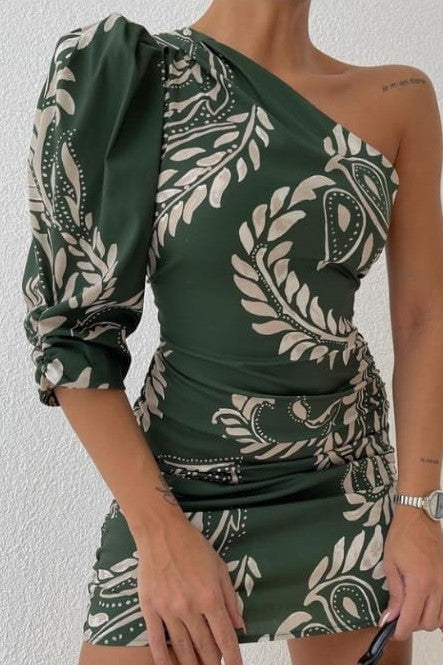 Leaf Print One Shoulder Puff Sleeve Dress image 1