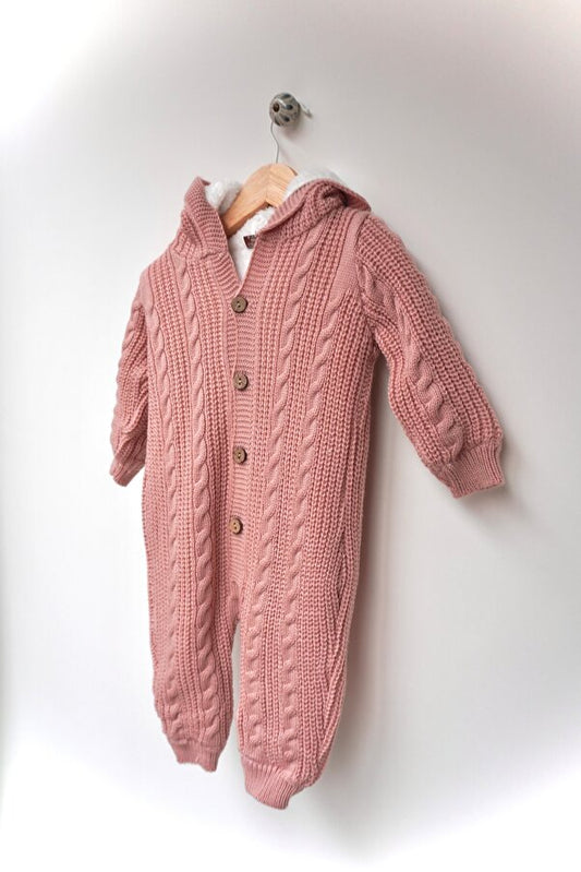 Baby Pink Knit Sleepsuit with fur inside- cable knit Romper with matching Hat image 0