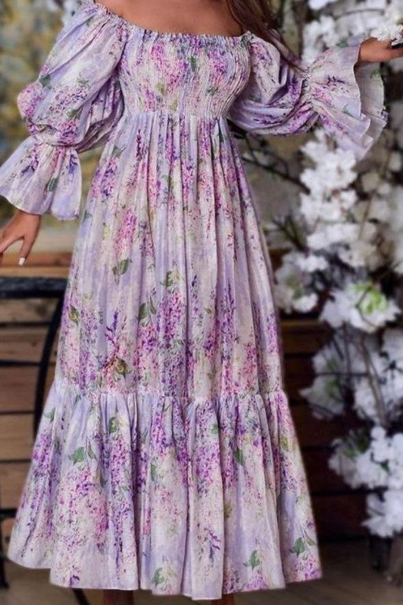 Allover Floral Print Shirred Off Shoulder Slit Ruffle Hem Dress image 1