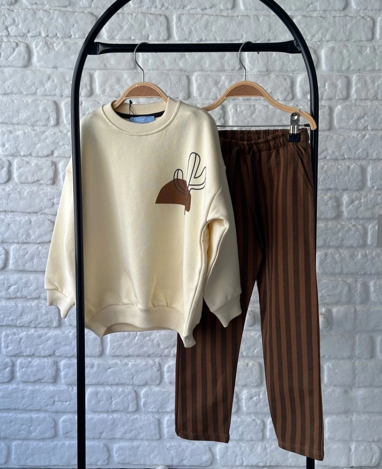 La’ciel Boys’ Two Piece Set- Cream Colored Sweater and Brown Pants with Vertical Stripes image 1
