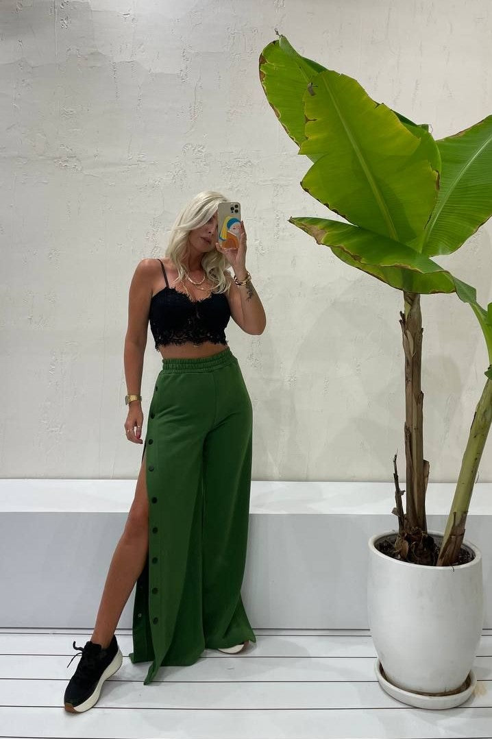 Button Side Wide Leg Trousers<span> - </span>Dark green, Large image