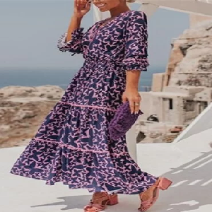 Drawstring Waist Ruffle Hem Butterfly Print Dress image 0