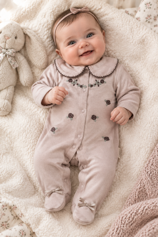 Dusty Pink Floral Baby Sleepsuit on 3-Month-Old Baby