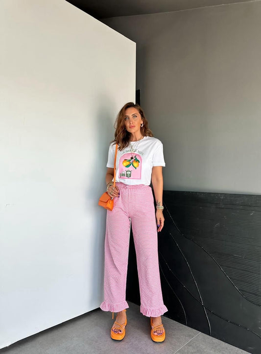 Pink Plaid Trousers with Ruffles image 0