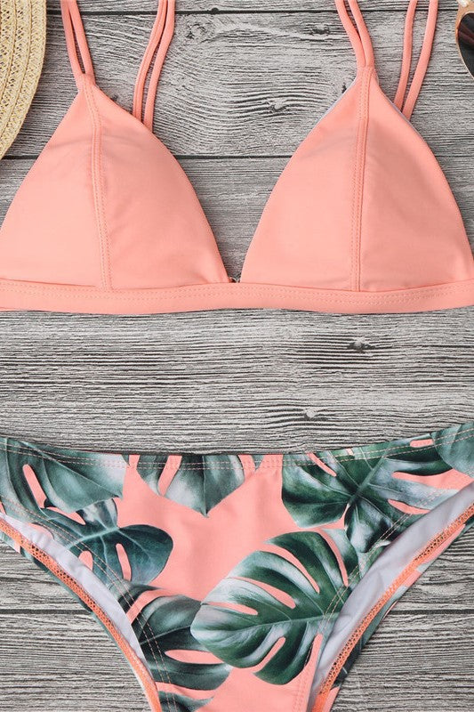 Palm Leaf Triangle Bikini Set<span> - </span>Pink- Palm Leaf, Medium image