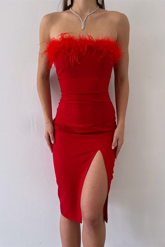 Red Midi Dress With Feathers image 0