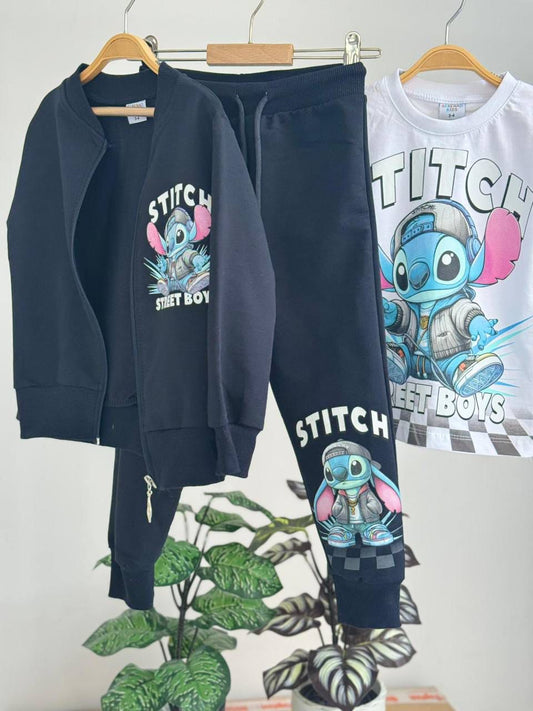 Stitch “ Street Boys “ 3 Pieces Set- Zip Through Hoodie with Joggers and sweater image 0