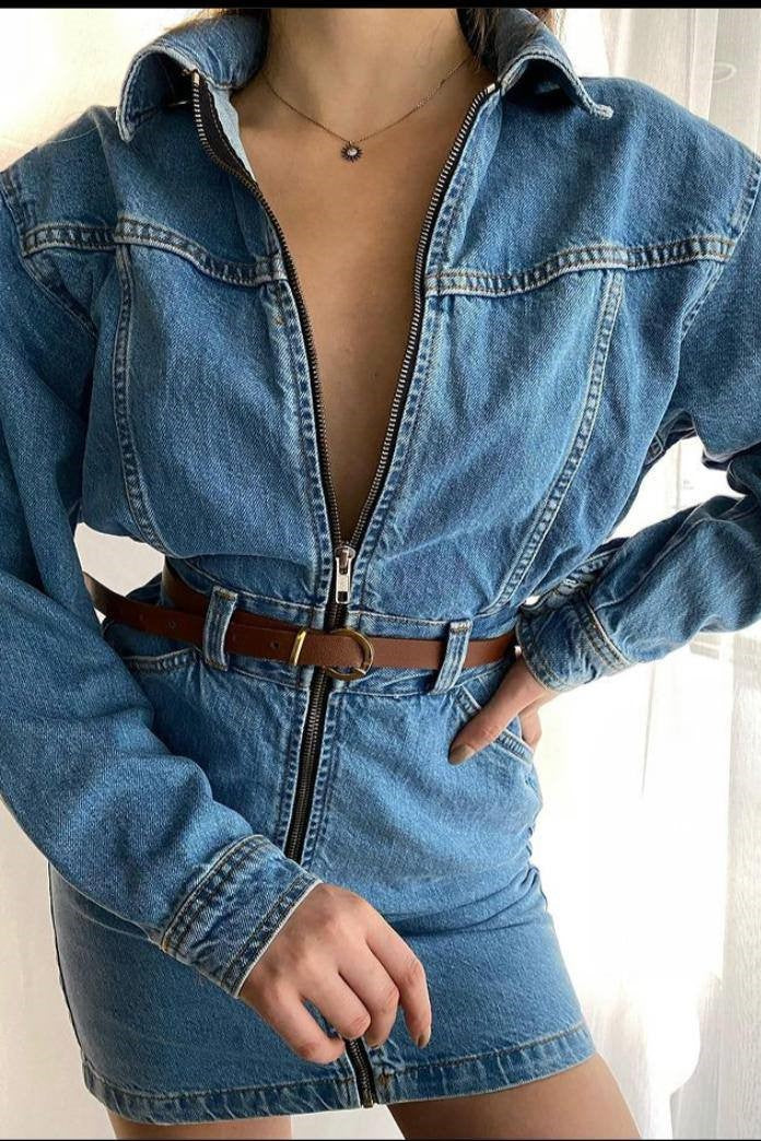 Mini Zip Front Denim Dress With Belt image 0