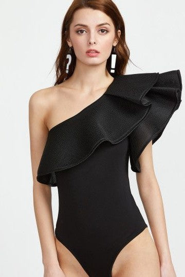 One Shoulder Ruffle Trim Bodysuit image 0