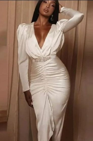 V Neck Ruched Puff Sleeve Split Hem Satin Dress image 0