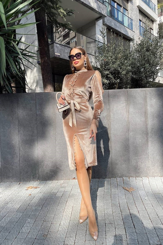 Split Thigh Belted Velvet Dress image 0