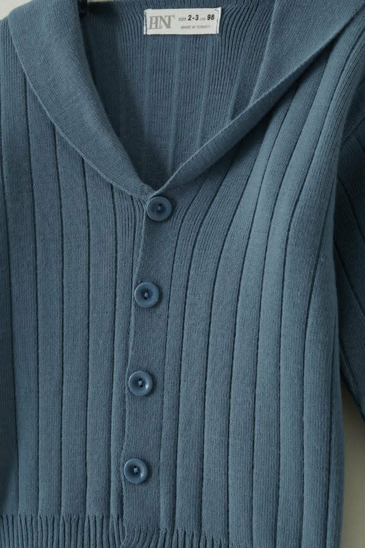 Kids Unisex Blue Ribbed Knit Cardigan