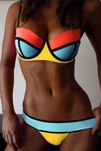Color Block Low Waist Bikini Swim Suit<span> - </span>Blue, Orange, Yellow, Large image