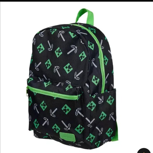 Minecraft Creeper Pick Axe Backpack Kids 17" School Bag NWT Black/Green image 0