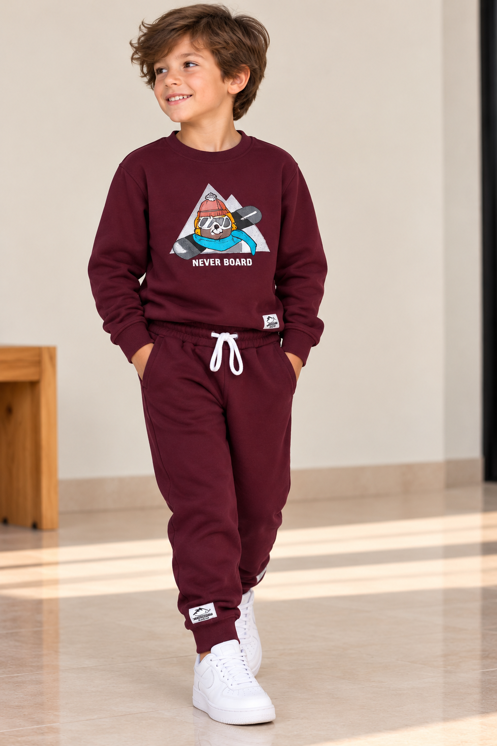 Boys’ burgundy Never Board graphic sweatshirt and matching joggers