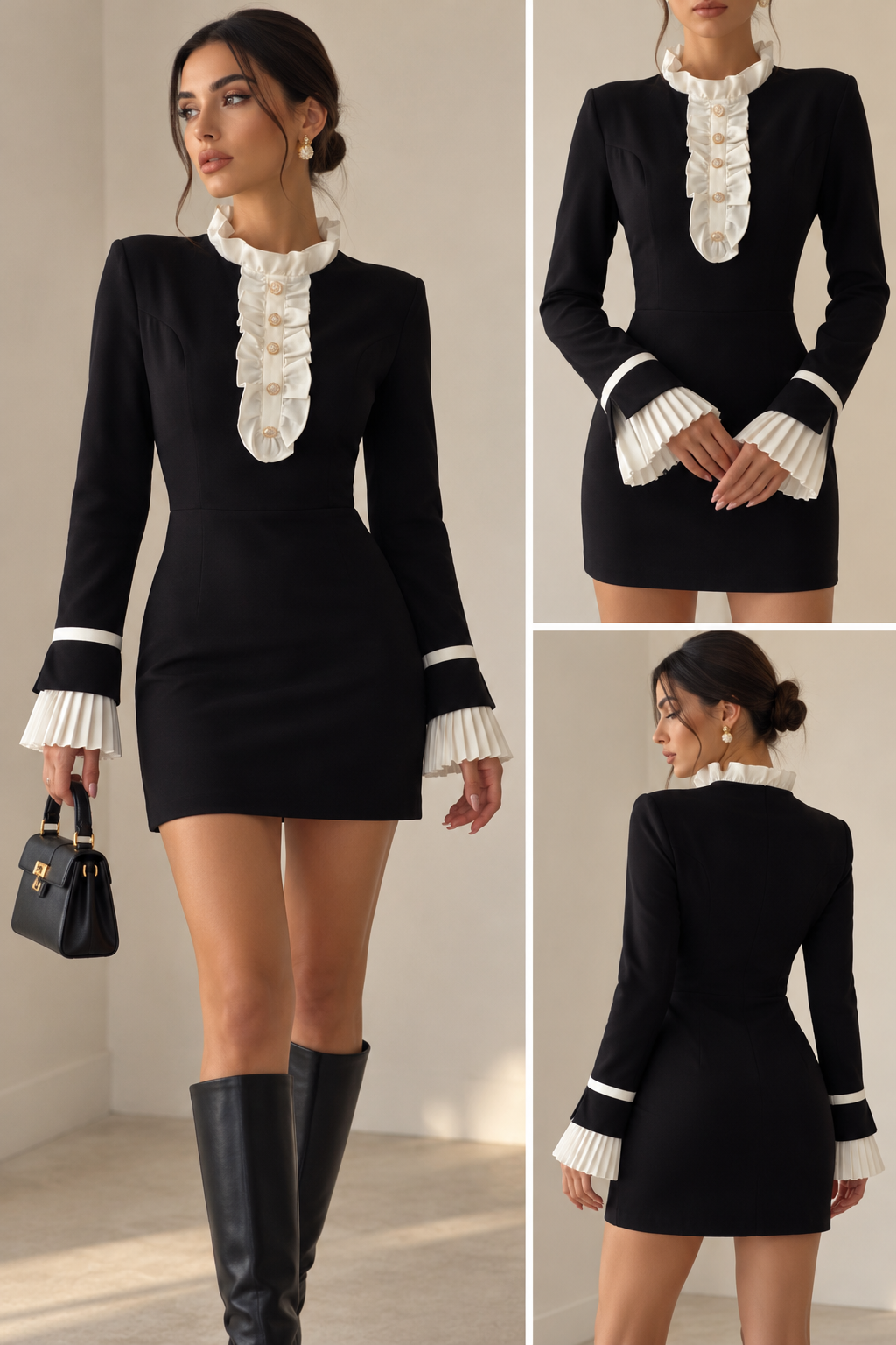 Black & White Ruffle-Trim Mini Dress