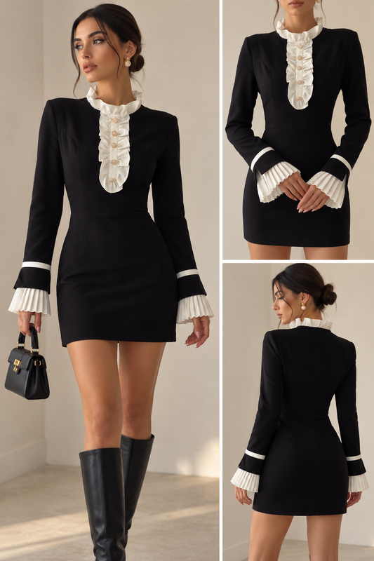 Black & White Ruffle-Trim Mini Dress