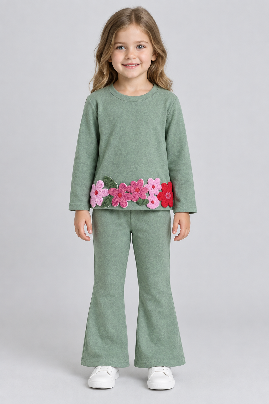 Girls' Sage Green Floral Appliqué 2-Piece Set