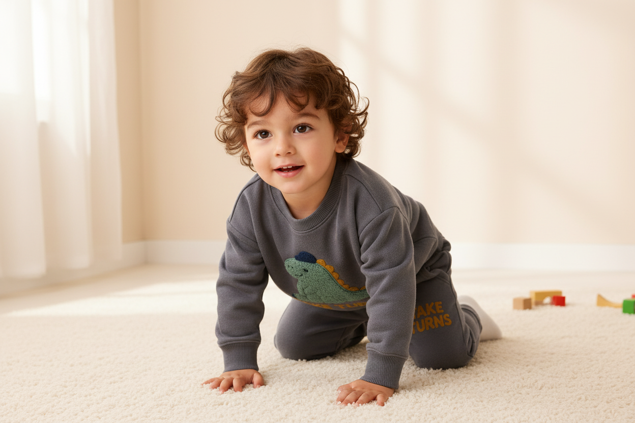 2 year old boy wearing the Take Turns dino cotton set