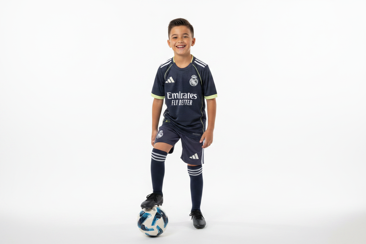Boy wearing Real Madrid kids away football kit dark navy jersey and shorts