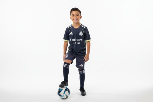 Boy wearing Real Madrid kids away football kit dark navy jersey and shorts