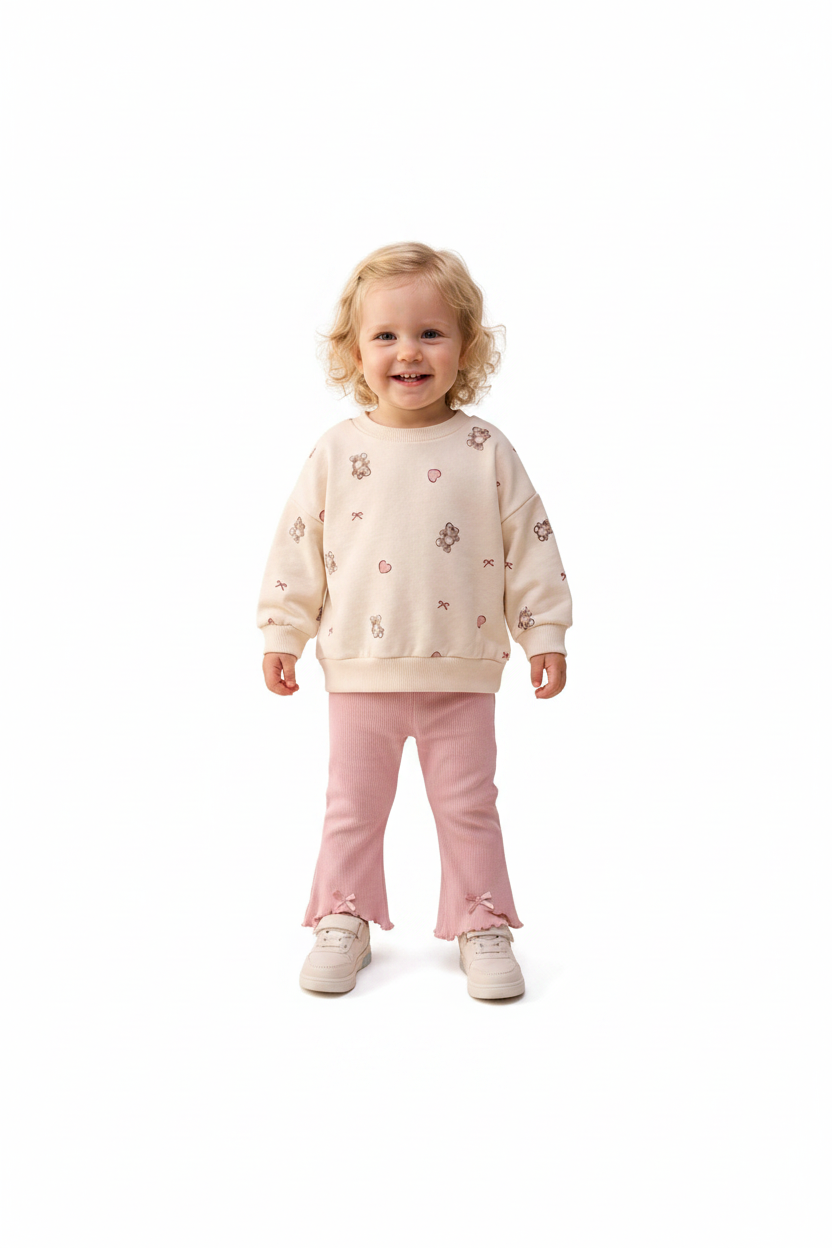 Baby girls cream sweatshirt and pink flare pants set on white background
