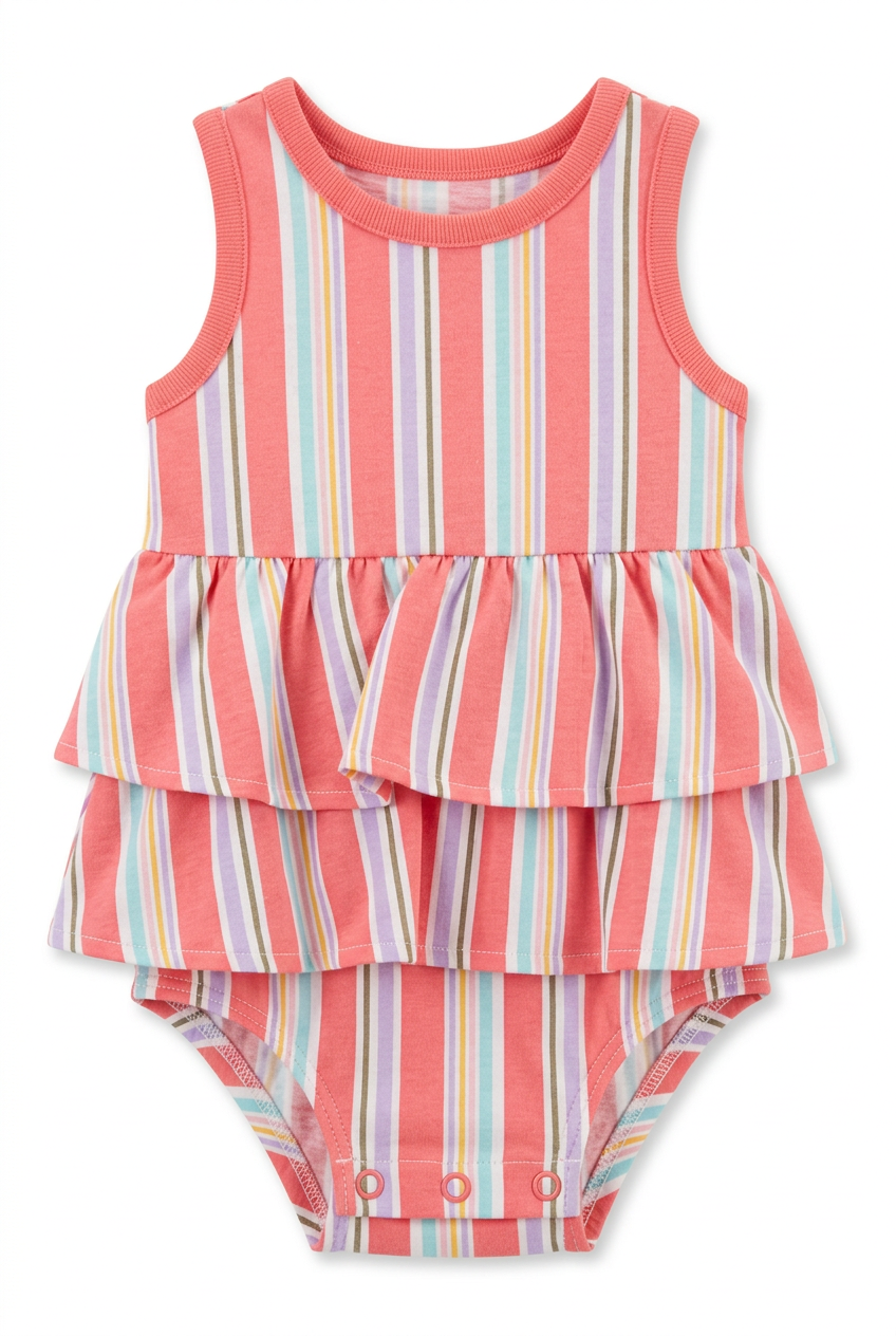 Coral striped ruffle romper on white background