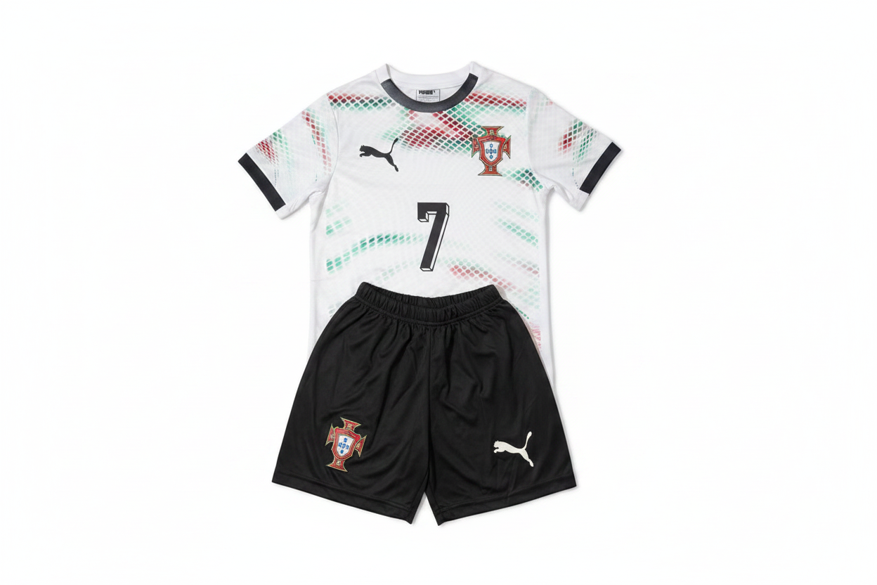 Portugal Puma home kids football kit number 7 white jersey red green halftone pattern black shorts product shot