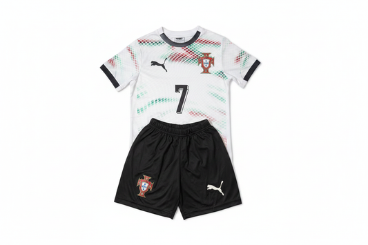 Portugal Puma home kids football kit number 7 white jersey red green halftone pattern black shorts product shot