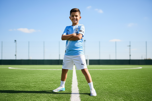 Boy wearing Manchester City Haaland kit with Puma football cleats