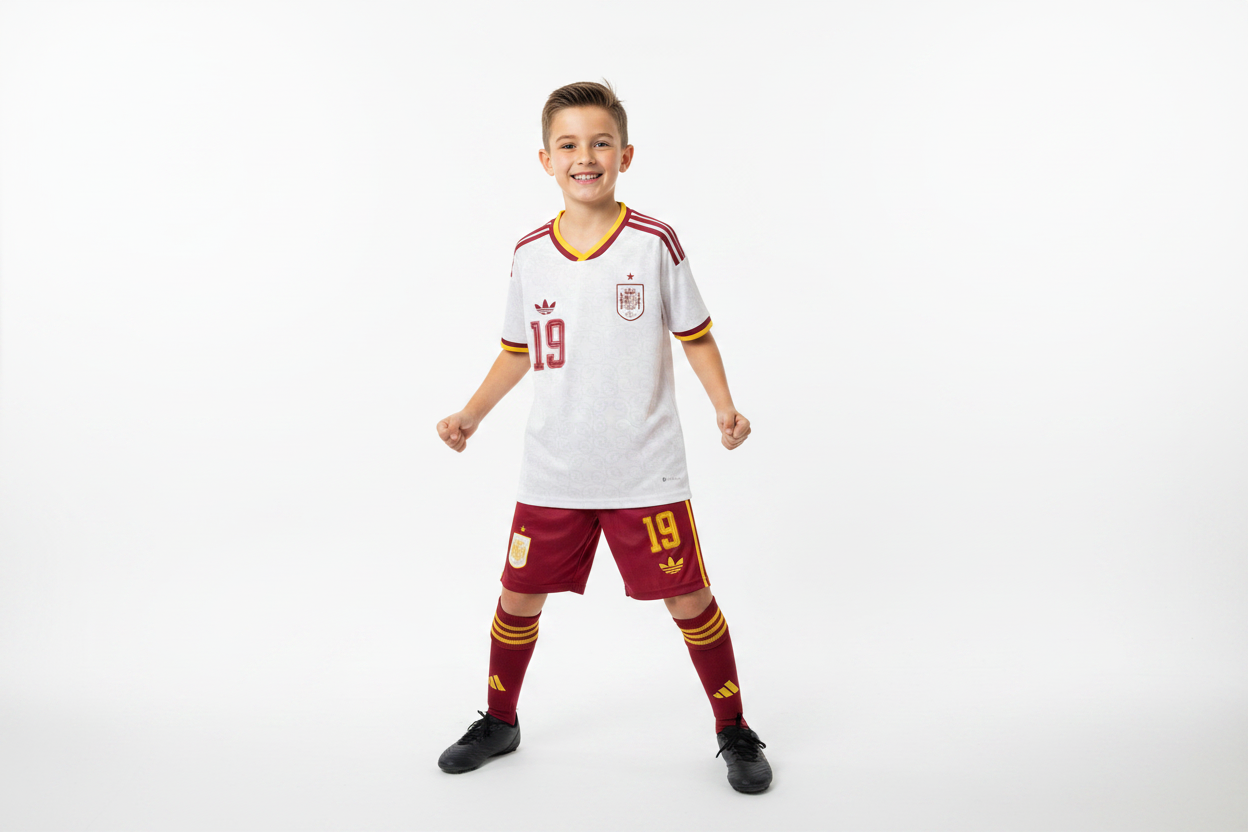 Boy wearing Spain Adidas football kit number 19