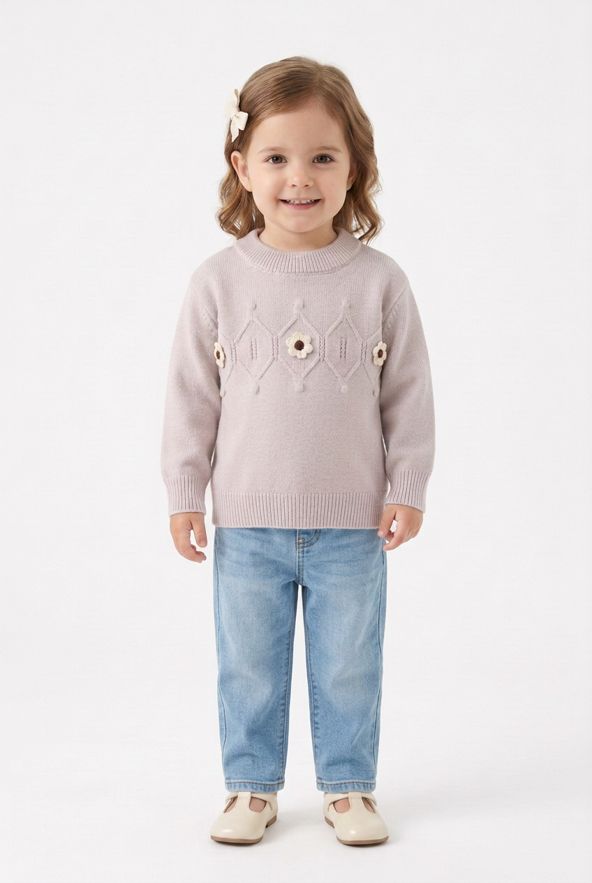 Toddler girl wearing a light floral knit sweater styled with light-wash blue jeans.