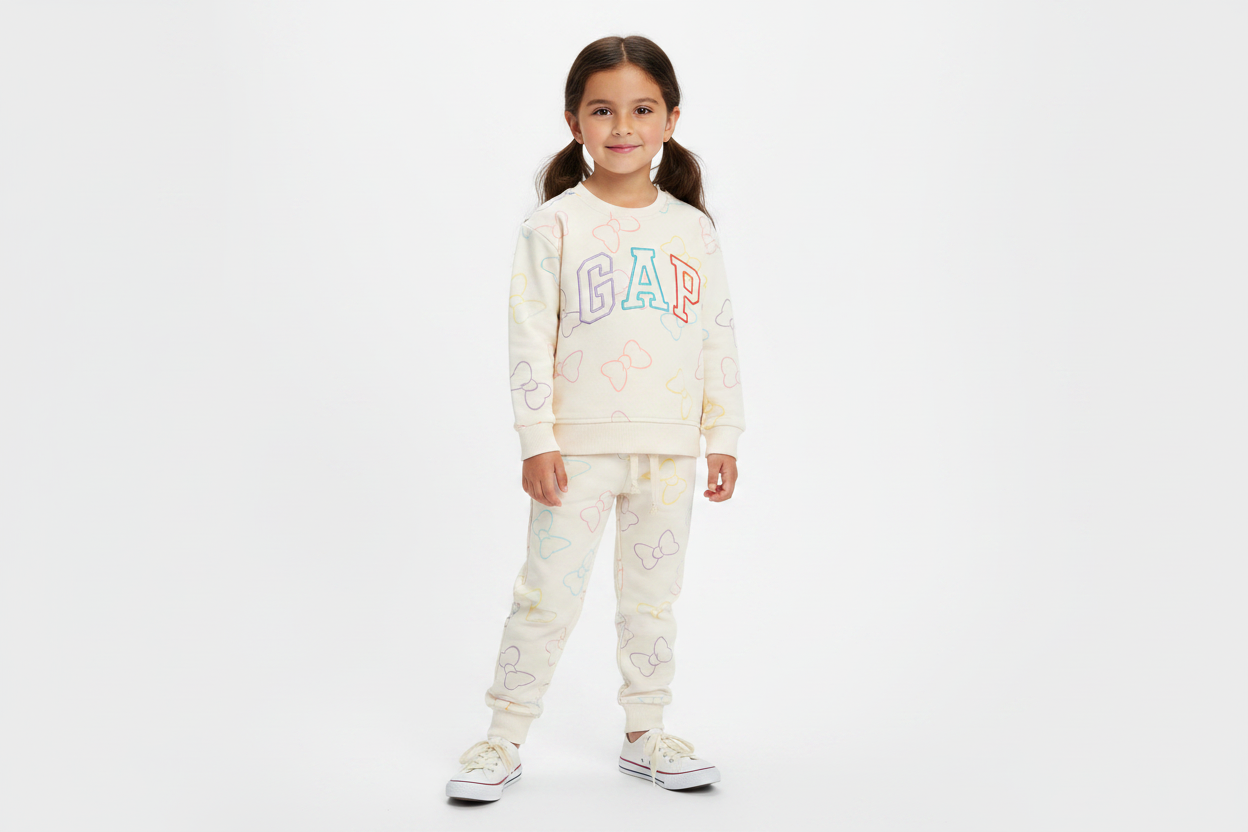 6 year old girl wearing cream GAP bow print pullover sweatshirt and matching joggers