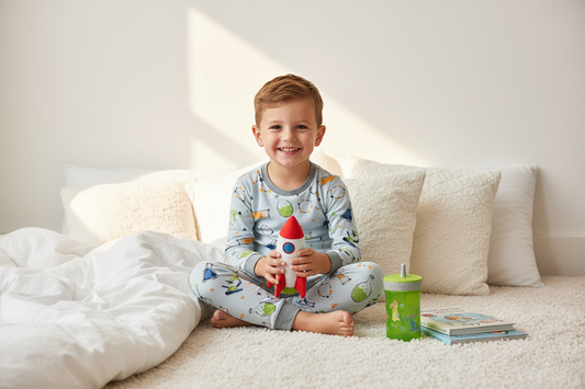 Boy wearing light blue science theme organic cotton pajama set with grey trim