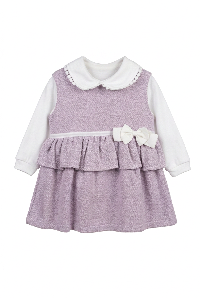 Lilac baby dress with white collar, long sleeves and side bow