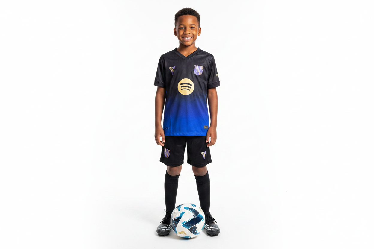 Boy wearing FC Barcelona x Kobe special edition kids football kit black blue gradient jersey and black shorts
