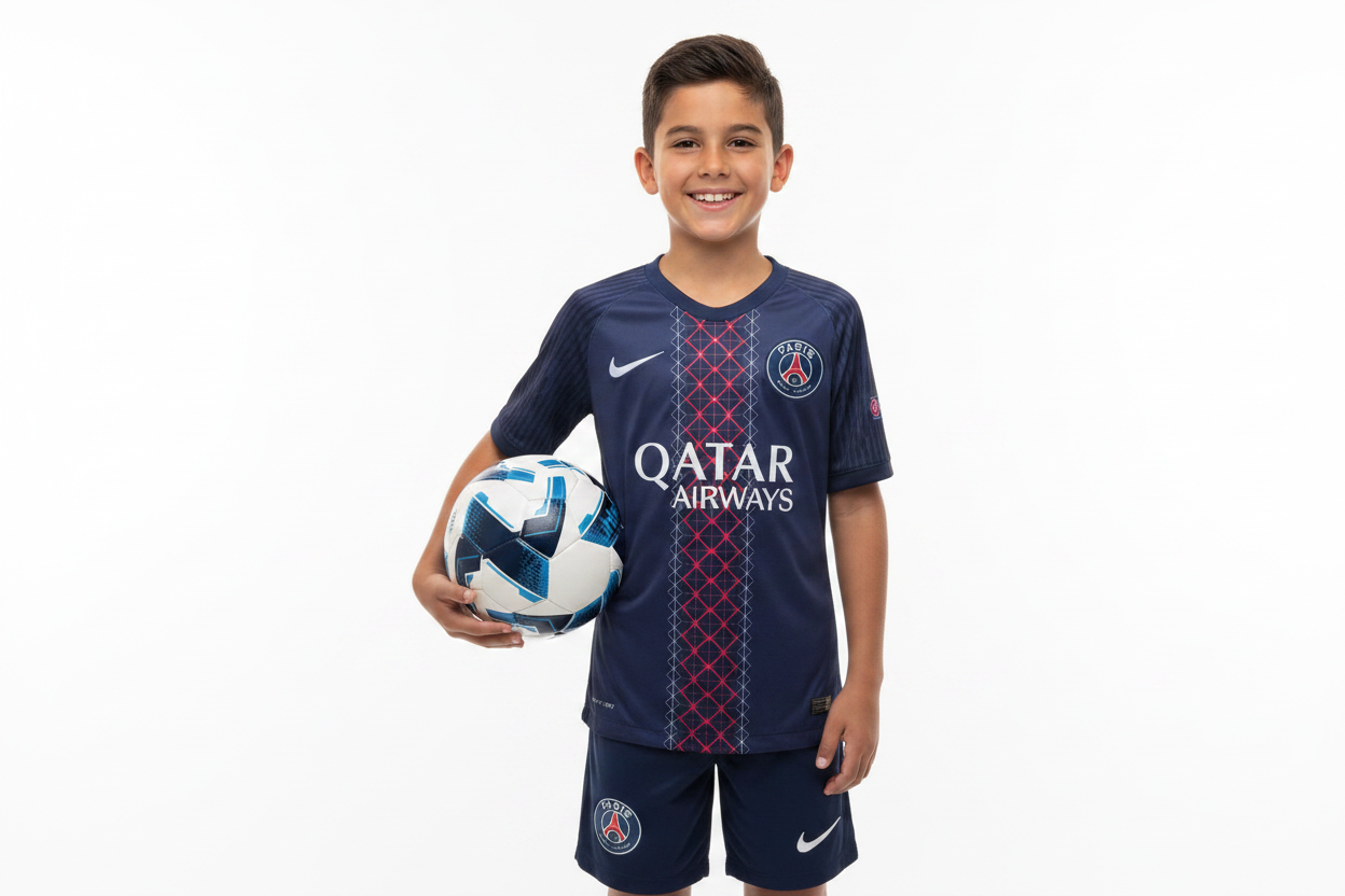Boy wearing PSG Paris Saint-Germain kids home football kit dark navy jersey and navy shorts