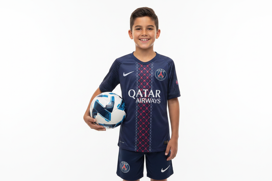 Boy wearing PSG Paris Saint-Germain kids home football kit dark navy jersey and navy shorts