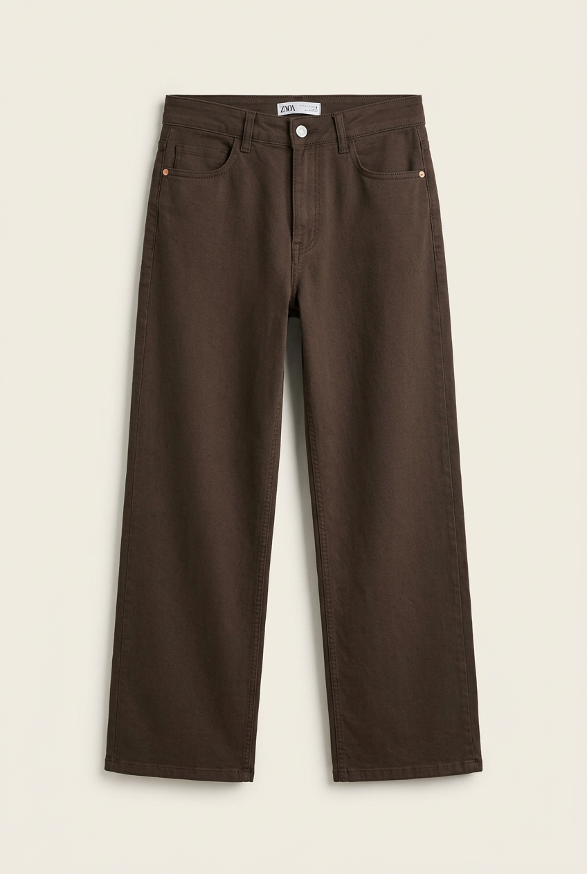 Front view of dark brown wide-leg pants on a clean studio background